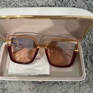 Never Worn Boucheron Burgundy Frame Sunglasses with Gold Braided Trim